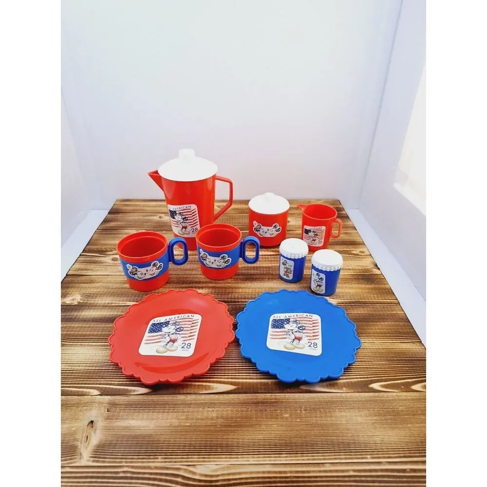 VINTAGE 11 PC TEA SET MICKEY‎ @ Minnie MOUSE All American Red White Blue Est. 28